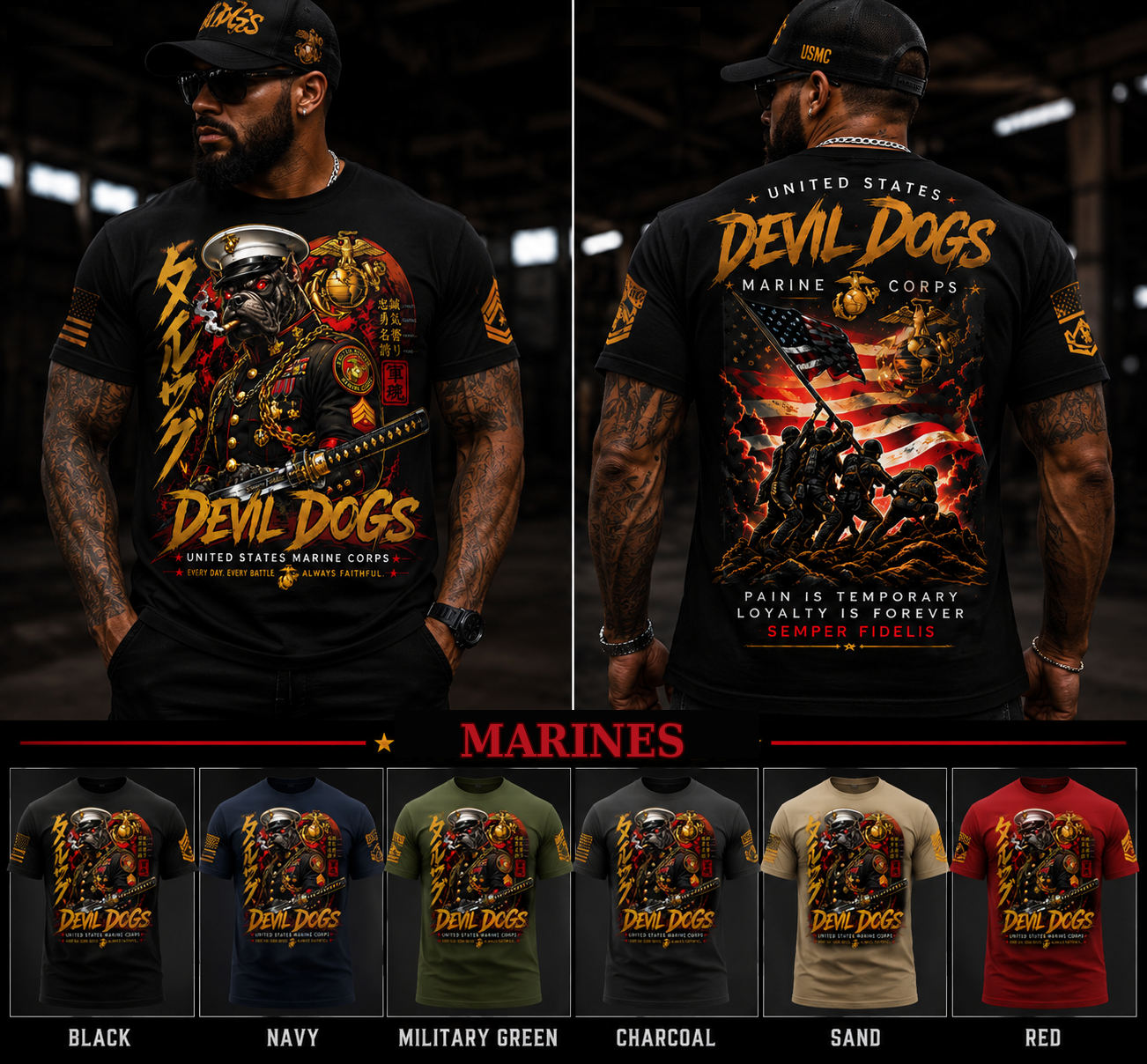 Devil Dogs: Every Day. Every Battle. Always Faithful. | USMC Front & Back T-Shirt & Hoodie