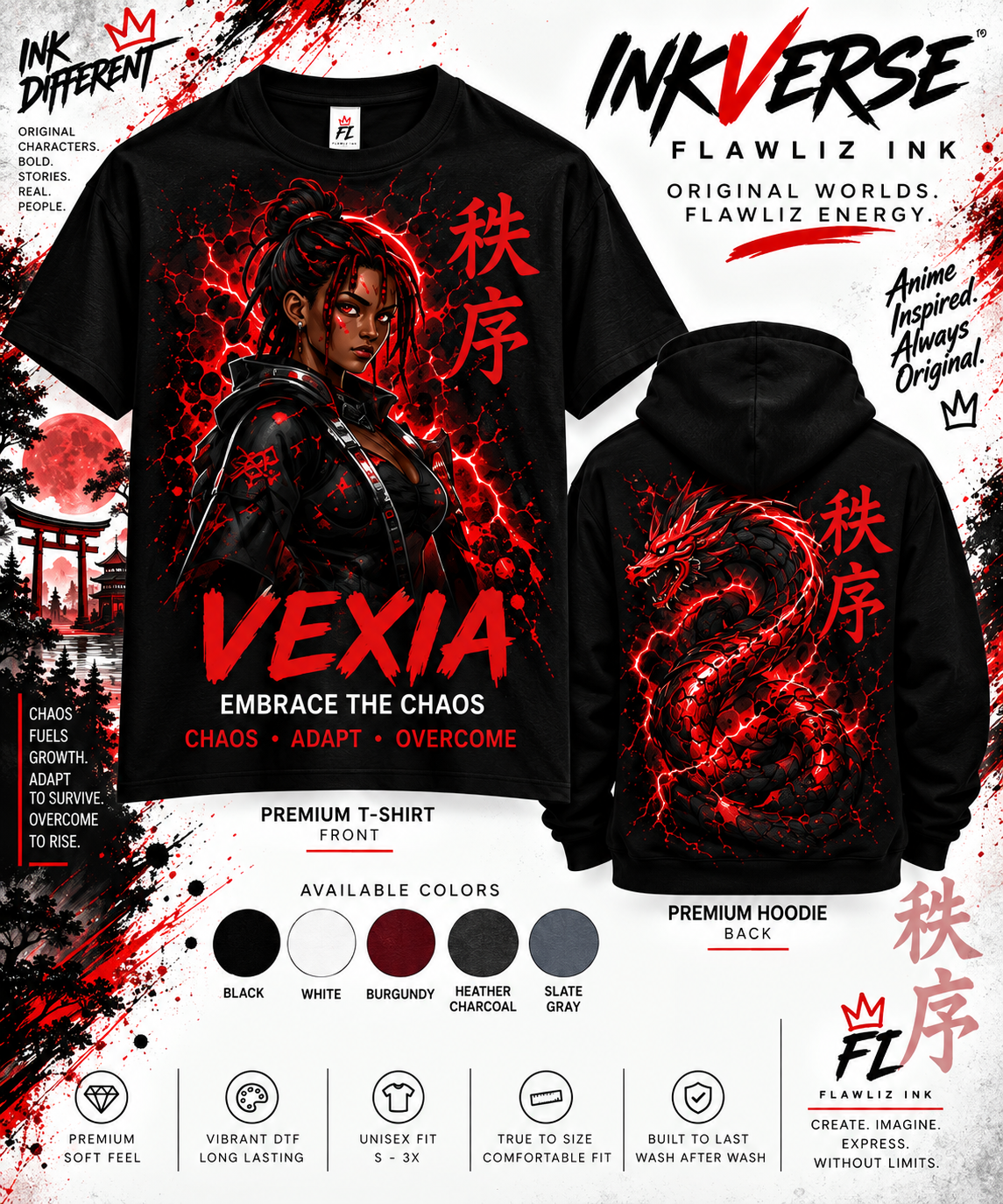 VEXIA | Embrace the Chaos | InkVerse Premium T-Shirt & Hoodie
